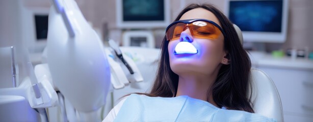 The Woman Undergoing Professional Teeth Whitening with Blue LED Light in Clinic