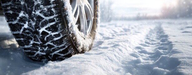 The Tire of a Car on a Snowy Road Showing Tread and Tracks