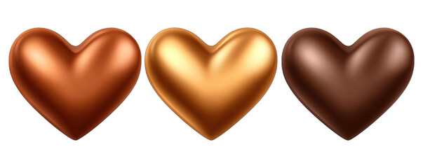 Three chocolate hearts in different shades on a white background