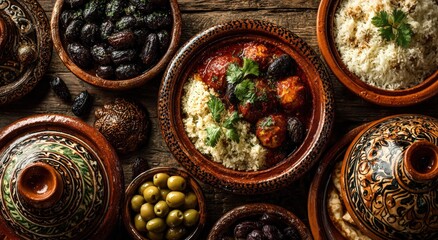Traditional Moroccan cuisine featuring vibrant tagine dish with meatballs, aromatic spices, olives, and fluffy couscous served in decorative bowls on rustic wooden table