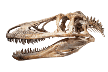 Fossilized dinosaur skull displayed in a museum for educational purposes showing ancient vertebrate life in an engaging manner
