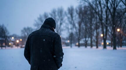 Man standing alone in a snowy landscape at dusk