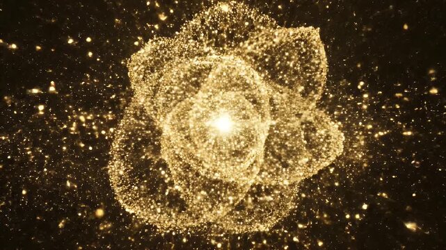Golden Abstract Particle Explosion - This stock video features a swirling, abstract cloud of golden particles, with a central point of bright light.
