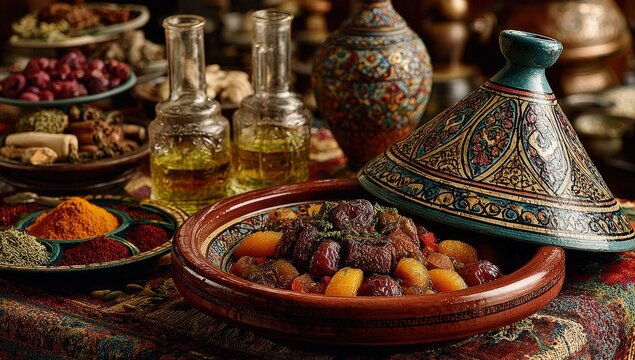 Colorful Moroccan tagine filled with succulent meat and vegetables, surrounded by spices, oils, and traditional pottery, showcasing rich culinary heritage and vibrant culture