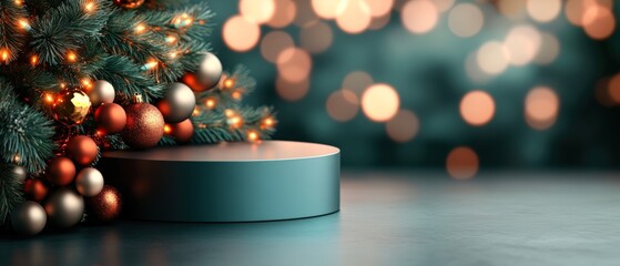 A beautifully decorated Christmas tree with shimmering ornaments and warm lights is integrated with a soft-focus background and a blank podium, Ideal for holiday promotions or seasonal greetings,