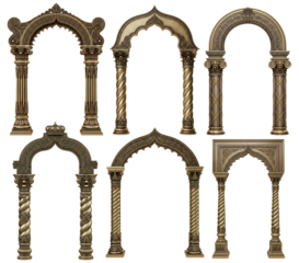 Assortment of five luxury golden arches including ogee and multifoil designs, perfect for creating majestic palace or temple entrances.