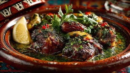 Colorful dish featuring tender meat garnished with fresh herbs, spices, and vibrant vegetables served in a traditional bowl, showcasing culinary artistry and cultural heritage
