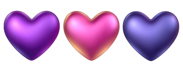 Three hearts in different purple shades are aligned in a row against a white background
