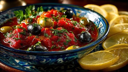 Colorful bowl of vibrant tomato stew garnished with fresh herbs, olives, and lemon slices, showcasing a rich culinary experience and inviting presentation for food enthusiasts
