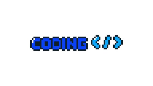 8-bit pixel art blue coding text with bracket icon. looped animation 4k 30fps