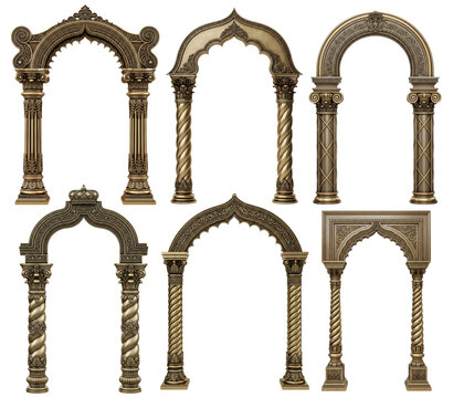 Assortment of five luxury golden arches including ogee and multifoil designs, perfect for creating majestic palace or temple entrances.