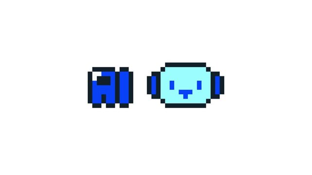 8-bit pixel art blue AI text with bracket icon. looped animation 4k 30fps