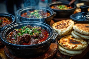 Steaming bowls of savory meat stew with herbs, served in traditional black pots, accompanied by freshly baked flatbreads, showcasing vibrant culinary culture and delicious flavors