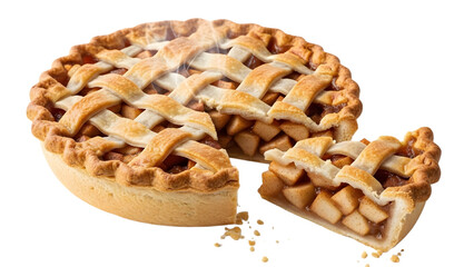 Delicious homemade apple pie with a golden-brown lattice crust and a removed slice, revealing the sweet, chunky apple filling, perfect for a comforting dessert on a transparent background