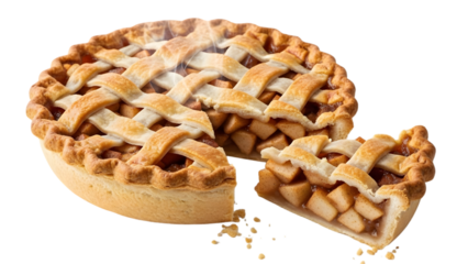 Delicious homemade apple pie with a golden-brown lattice crust and a removed slice, revealing the sweet, chunky apple filling, perfect for a comforting dessert on a transparent background