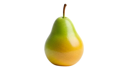 Single green and yellow pear with stem isolated on transparent background for graphic design projects and healthy eating concepts