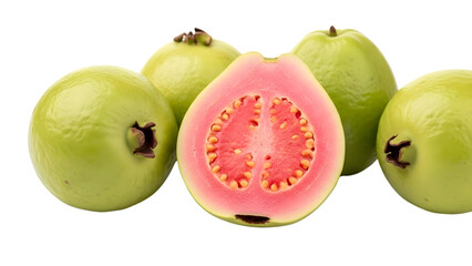 Group of whole green guavas with one halved showing pink flesh and seeds, isolated on transparent background, tropical fruit