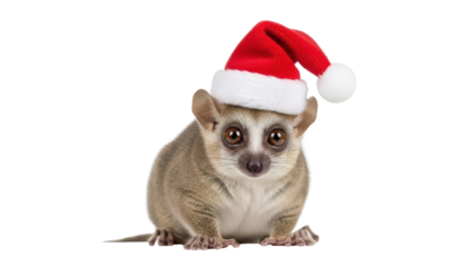 Cute Mouse Lemur wearing a Red Santa Hat for Christmas Holiday isolated PNG with Transparent Background