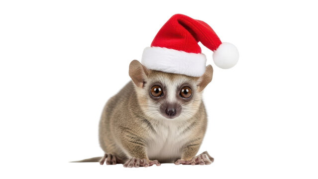 Cute Mouse Lemur wearing a Red Santa Hat for Christmas Holiday isolated PNG with Transparent Background