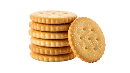 Stack of round crackers with salt isolated on transparent background crunchy and savory snack perfect for cheese or dips versatile light bite for any occasion classic plain biscuit delicious treat