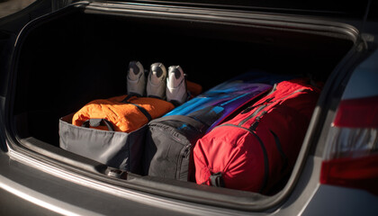 Car trunk packed with sport equipment ready for winter adventure
