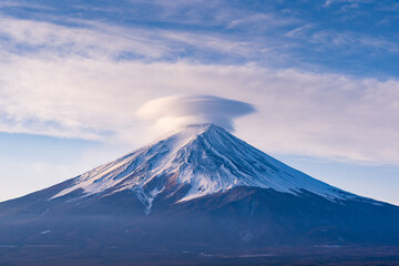 Mount Fuji Snow‑Streaked Slopes and Lenticular Cloud High‑Resolution Panoramic Mountain Portrait