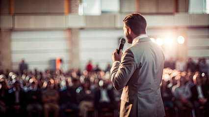 Back view of motivational speaker on stage concept. A speaker addressing a large audience in a conference setting.
