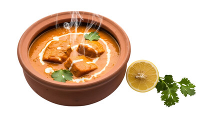 Paneer butter masala in clay pot with lemon and cilantro