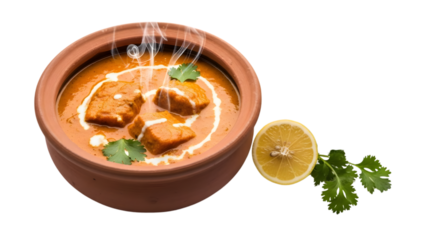 Paneer butter masala in clay pot with lemon and cilantro