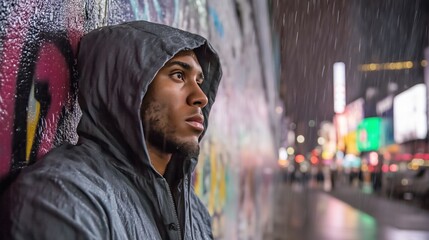 Young man standing in the rain at times square, new york city