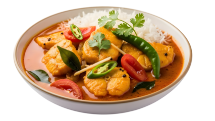 Fish curry with rice, chili, tomato and cilantro garnish