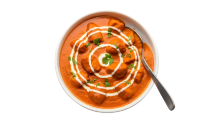 Creamy chicken curry served in white bowl with spoon