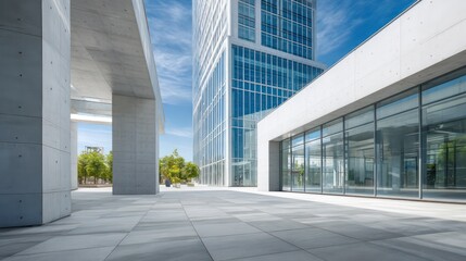 A bold skyscraper integrates smooth white concrete slabs with glossy reflective glass emphasizing structural duality Shadows fall sharply