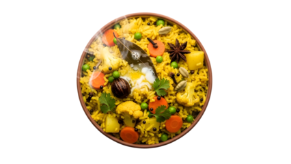 Yellow rice with vegetables and spices in a bowl, top view