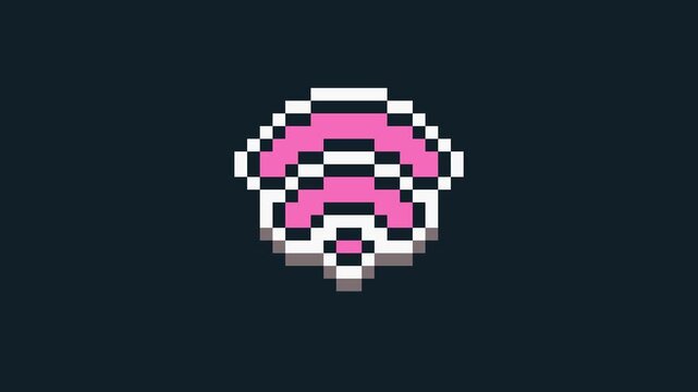 8-bit pixel art pink wifi icon on black background. looped animation 4k 30fps