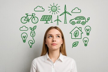Woman thinking about eco friendly energy with green environmental concept icons like wind turbines, electric car, and solar panels on wall background. Ai generative