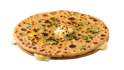 Cheese paratha with melted butter and chili flakes on transparent background