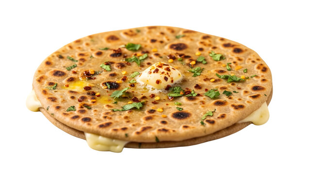 Cheese paratha with melted butter and chili flakes on transparent background