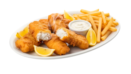 Classic fish and chips with lemon wedges and tartar sauce on white plate