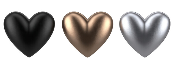 Three metallic hearts in black, gold, and silver arranged horizontally against a white background