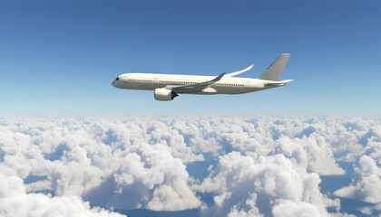 White Airplane Airbus A350 Modern Passenger Jet Plane Flying Above the Clouds with Blue Sky side view