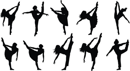 Ballet Dancers Silhouettes Performing Various Poses on White Background Keywords: ballet, dancer, silhouette, dance, pose, woman © Shahajan