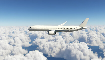 White Airplane Airbus A350 Modern Passenger Jet Plane Flying Above the Clouds with Blue Sky side view