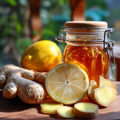 Honey, ginger, and lemon on a wooden table in a garden