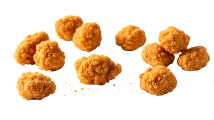Crispy golden popcorn chicken pieces with one piece bitten