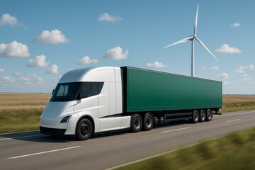 Naklejka premium Futuristic electric semi truck driving on open highway with wind turbine in background, symbolizing eco-friendly green energy transport concept. Ai generative