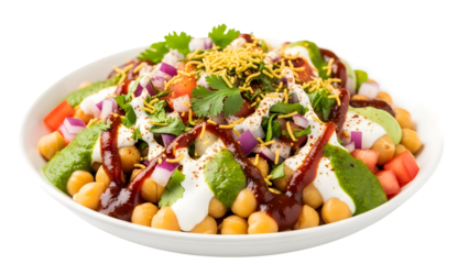 Indian chole chaat chickpea snack with sauces spices bowl white background