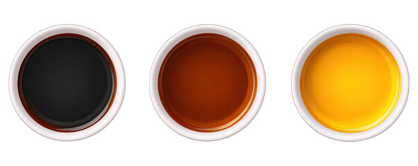 Three circular containers holding different colored liquids against a white background