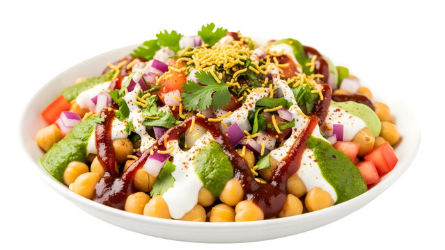 Indian chole chaat chickpea snack with sauces spices bowl white background