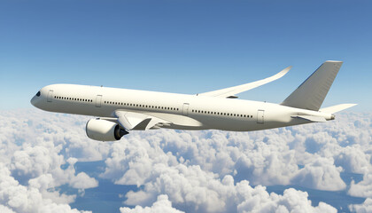 White Airplane Airbus A350 Modern Passenger Jet Plane Flying Above the Clouds with Blue Sky side view